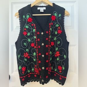 Black Floral Embroidered Women's Christmas Holiday Sweater Vest